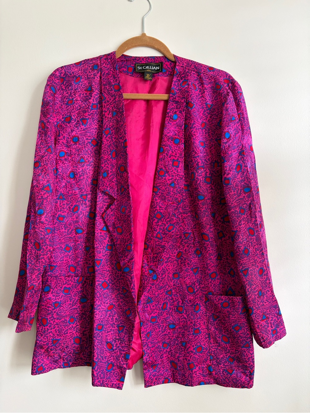 Vintage St. Gillian 100% Silk Hot Pink Retro Print Open Blazer Jacket Sz 4 😍